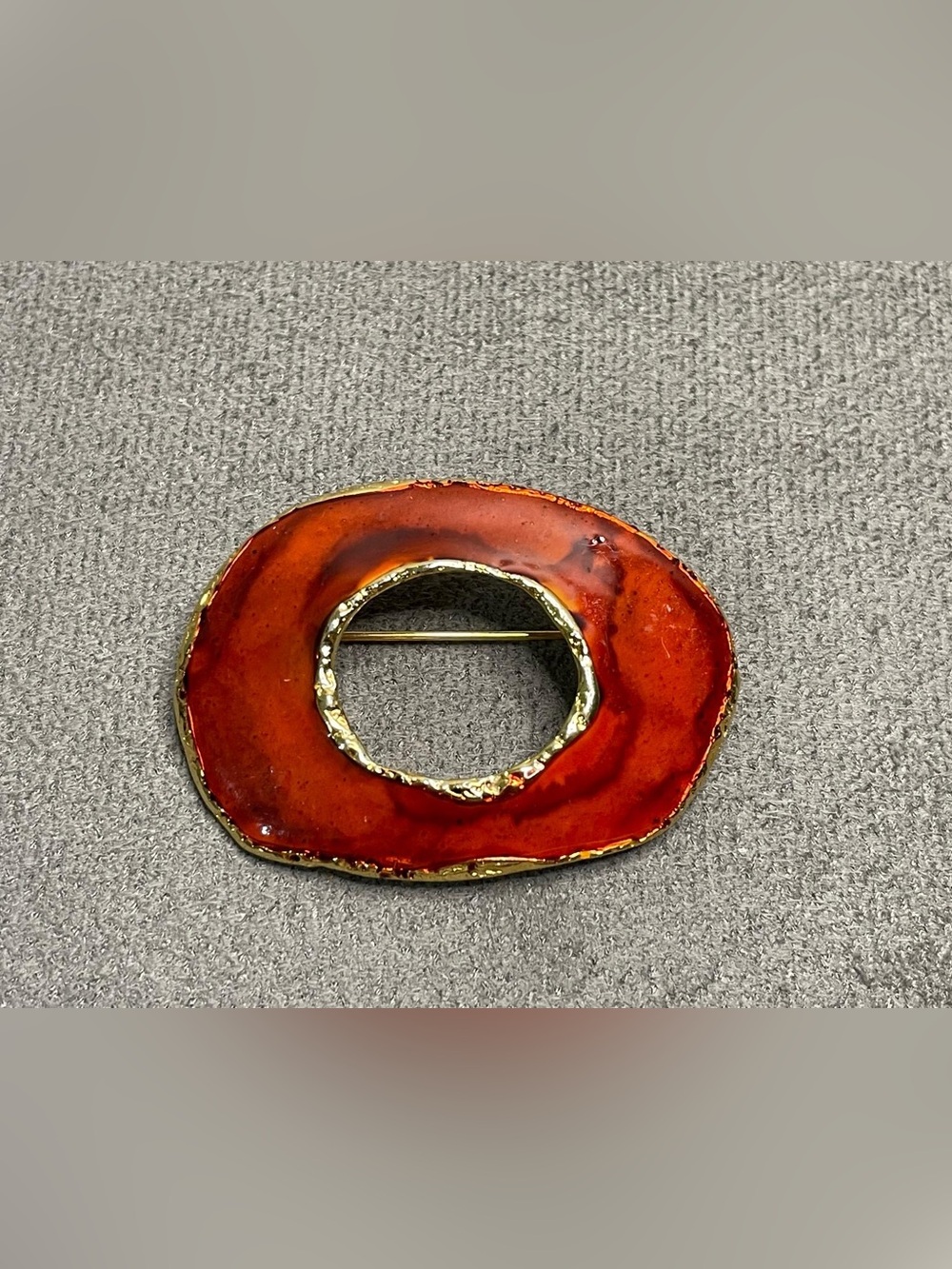 Vintage-Style Red Enamel Oval Brooch with Gold Accents